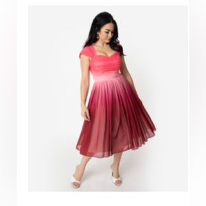 Unique Vintage Pink Ombré Garden Chiffon Cocktail Dress Medium.